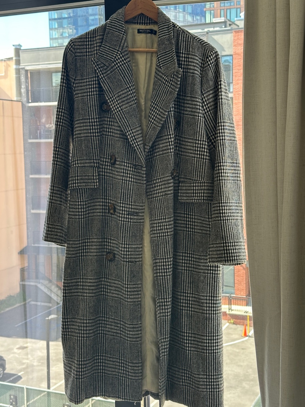 Nasty Gal Plaid Classic Checkered Black White Grey Single Breasted Trench Coat 8